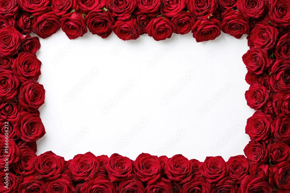 Poster red rose floral frame surrounding blank area. top view with empty space. flat layout frame idea.
