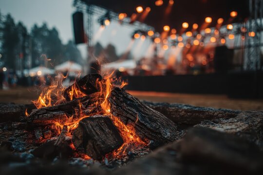 Burning bonfire with music stage lights blurred background at night. Evokes feelings of warmth, gathering, celebration, and outdoor events.