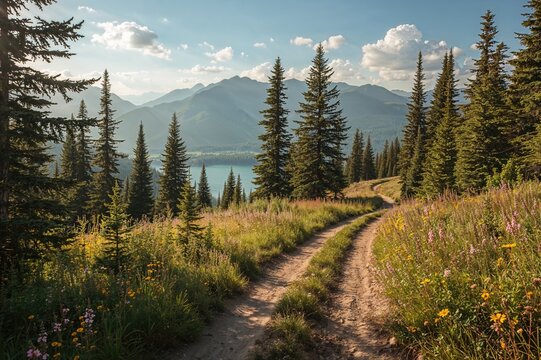 Segment of a scenic mountain path by a lake during summer with golden trees and lush grass under the sun