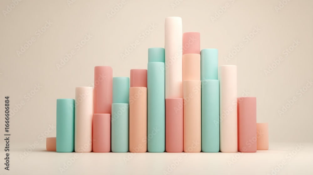 Aufkleber pastel cylinders arranged in a rising bar graph formation against a soft beige background creating a