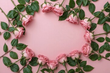 Top-down view of pink roses with leaves and stems on a pink background
