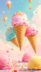 Colorful ice cream concept with scoops, sprinkles, and waffle cones floating in playful pastel style. Perfect for dessert, summer, and fun themes.