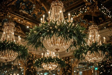 Obraz premium Graceful suspended chandeliers decorated with foliage light up a celebratory indoor area after dark