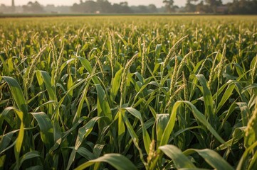 Fototapeta premium Sorghum crops bathed in early sunlight