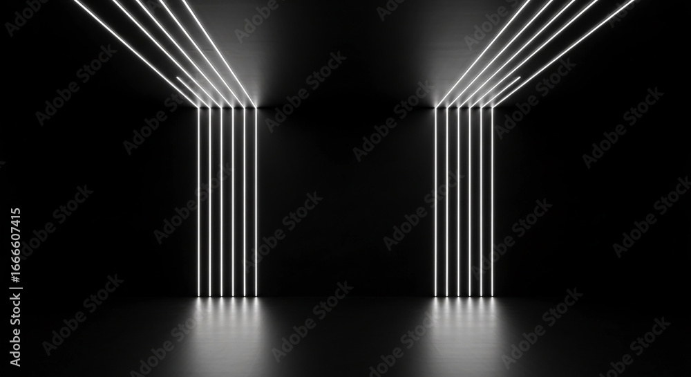 Poster dark room with bright white neon lines creating a geometric showcase, ideal for product display or m