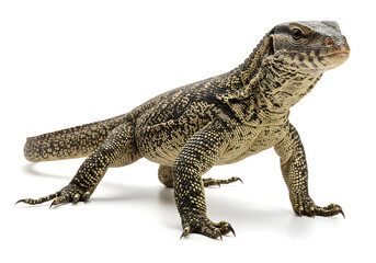 Obraz premium Detailed studio shot showcasing a reptile with patterned scales, providing a clear view of its unique features and coloration on a clean white backdrop.