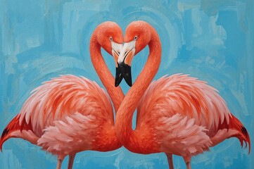 Naklejka premium Vibrant orange flamingos depicted in contemporary oil artwork against a serene blue backdrop. A collection of animal-themed canvas paintings ideal for home decor by a talented painter.