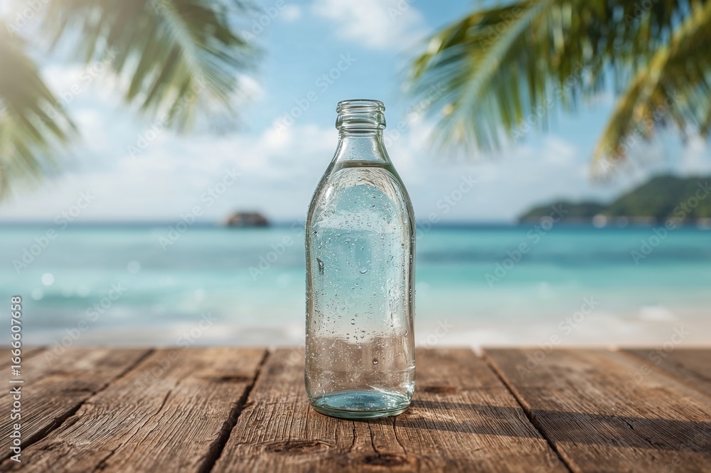 Poster 3d rendering of an empty bottle on a wooden table overlooking the ocean and a tropical island during