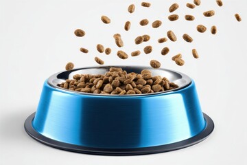 Blue steel pet bowl with small brown kibble food particles flying out of it isolated white background. Metal feline animal bowl full of dog food spilling into it. Dry cat feed floating in the air
