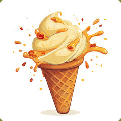 Vector illustration of a pumpkin and matcha swirl ice cream in a waffle cone with splashes, isolated on white background