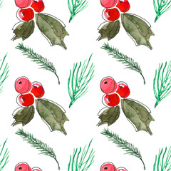 New Year. Watercolor simple seamless pattern with the image of holly with red berries and pine branch. hand drawn illustration on white background for design of fabric, packaging, paper, postcard