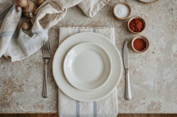 Ceramic dish and small spice bowls with cutlery on rustic stone surface, styled with vintage linen fabric in a country blue theme. Overhead perspective.
