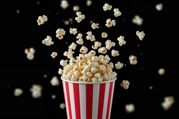 Popping popcorn spilling out of a striped paper container against a plain backdrop, symbolizing movie time.