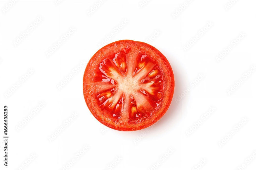 Poster top view of a single tomato slice on a white background with clipping path.