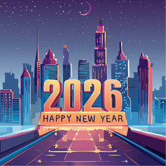 Wektor „Happy New Year 2026” w stylu cyberpunk, neonowe kolory, futurystyczne cyfry, tło miasta nocą, dynamiczne linie.