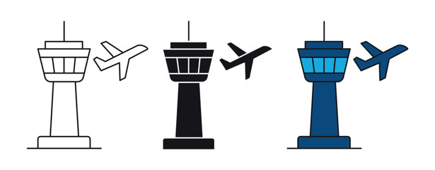 Airport Control Tower And Airplane  Icon Set. Aviation Management, Flight Operations, And Air Traffic Control Outline Symbol Collection. Editable Stroke. Isolated Vector Illustration .