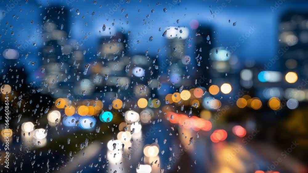 Poster a serene close-up of raindrops on a window with blurred city lights creating a bokeh effect in blue,