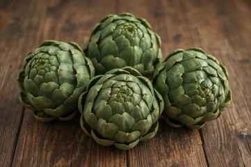 Obraz premium Fresh green artichokes displayed on a wooden surface, representing natural vegetarian nutrition