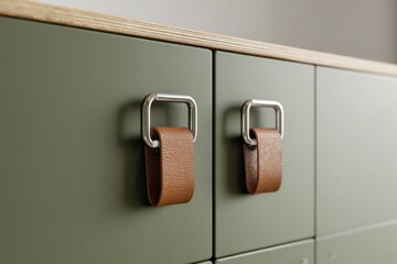 Brown leather door handles on an olive green cabinet. Both handle sleek design, unique shape. Front kitchen cabinet door, drawers. Closeup furniture base set. Trendy interior units. Home improvement