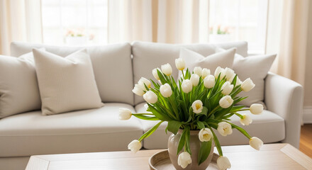 White tulips in vase on wooden table, blurred beige sofa background.  Clean, serene home decor scene, ideal for spring or relaxation themes