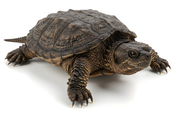 Naklejka premium Captivating portrait of a turtle showcasing its textured shell, powerful claws, and intriguing facial features, against a clean white backdrop.