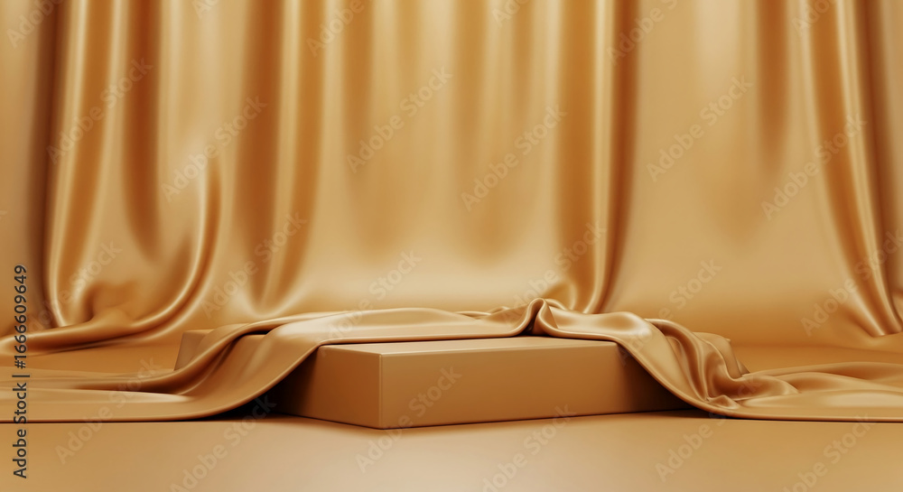 Poster gold satin drapes elegantly over a square platform, creating a luxurious and minimalist showcase ide