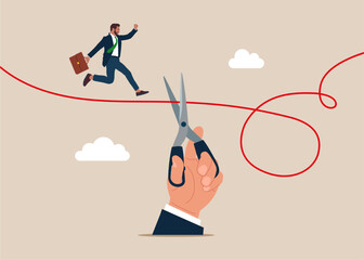 Hand uses scissors to cut rope. There is no way back. Modern vector illustration in flat style 