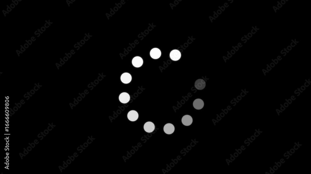 Poster dot circle loading animation. white color glowing dots spinning animation on black background. 4k vi