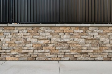 Artificial stone cladding fence with black metal panels above and concrete floor base. Textured backdrop.