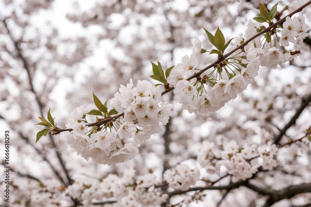 Poster clusters of cherry flowers blooming profusely on dangling branches with fully blossomed trees behind