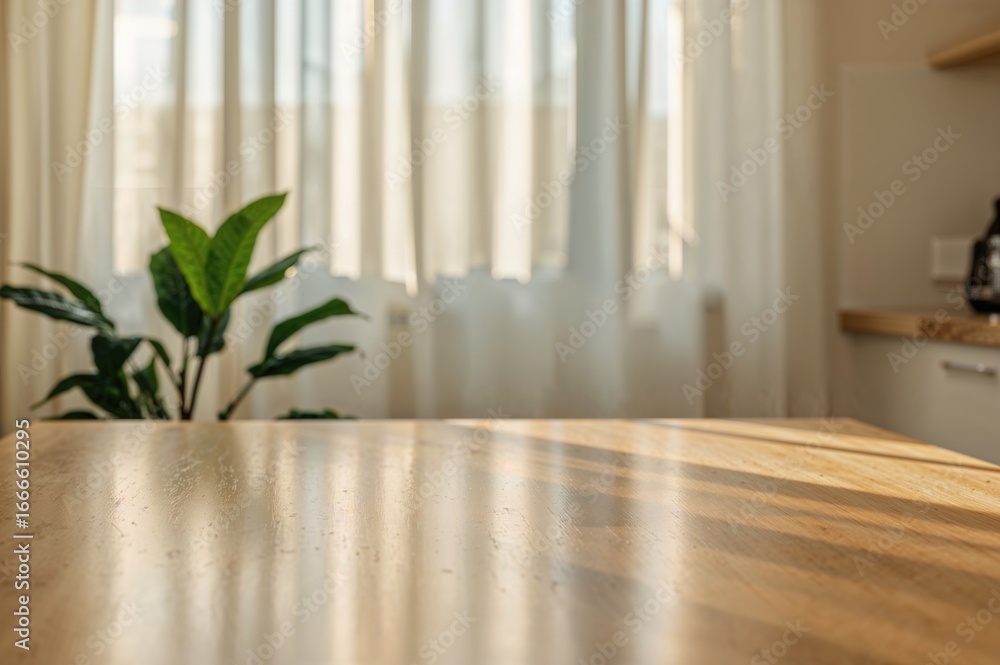 Aufkleber blurred curtained window backdrop with an empty wooden surface in the foreground
