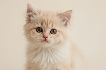 Close-up of a soft kitten bathed in natural light with a pale background