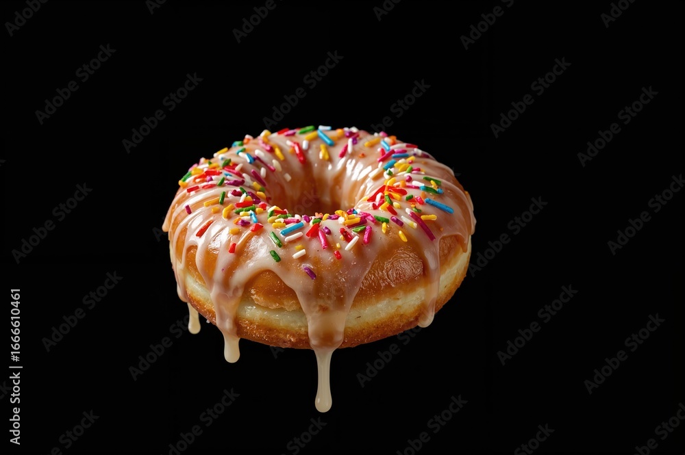 Poster glazed donut with vibrant toppings captured in sharp detail against a dark backdrop.