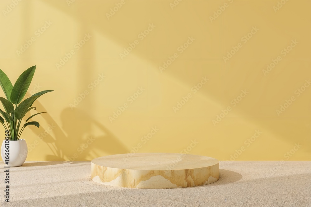 Poster minimalist studio setting with a yellow backdrop and shadow for showcasing summer products