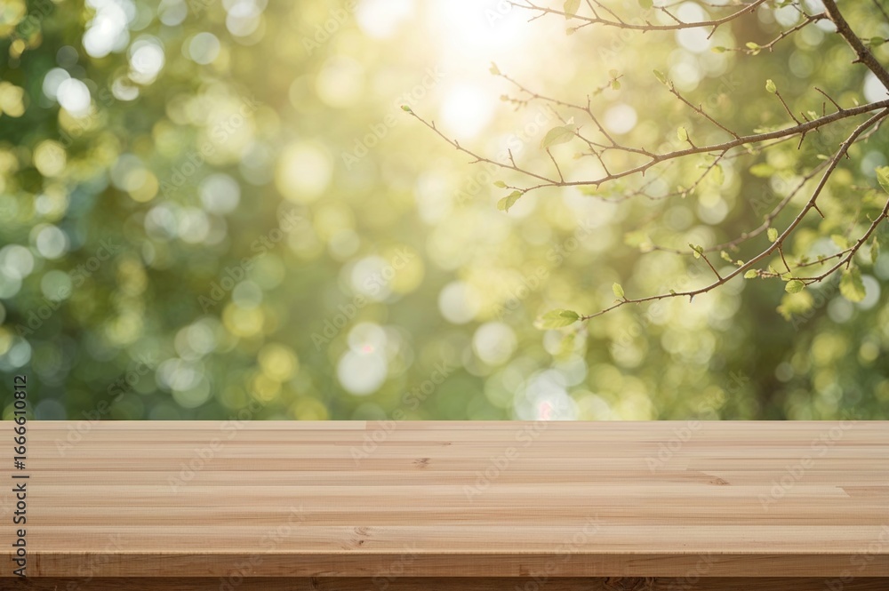 Poster empty wooden surface with abstract blurred bokeh lights and soft background of sunlit trees. product