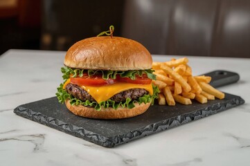 Quick meal burger selection with fries on a dark stone surface over a bright table. Junk food consumption.