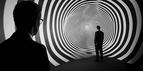 Intrigued businessman contemplating bold hypnotic spiral design in modern art gallery, creative inspiration