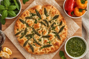 Flatbread topped with green asparagus, bell peppers, and green pesto served on a wooden board with ingredients in bowls