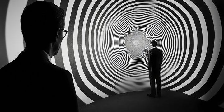 Intrigued businessman contemplating bold hypnotic spiral design in modern art gallery, creative inspiration - Powered by Adobe