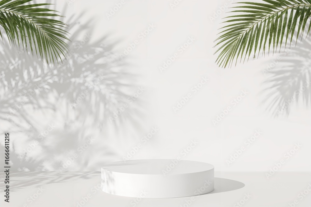 Poster white tabletop background with abstract geometric wall and floral and palm leaf shadows overlay, sui