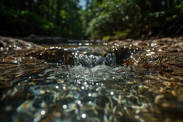 Fototapeta premium Crystal clear water streaming from a woodland spring