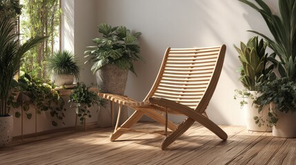 Obraz premium Elegant bamboo lounge chair in a modern minimalist interior with natural wood flooring and lush indoor plants, blending organic materials and clean lines for sustainable living and biophilic design