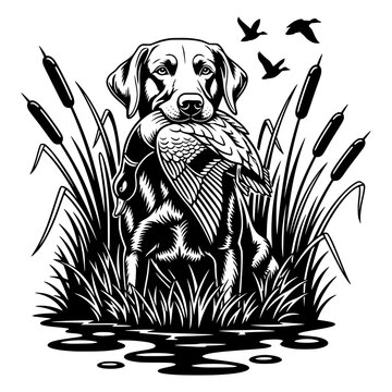 Hunting dog retrieving a duck in a swamp, a detailed vector illustration of a Labrador retriever with cattails and flying birds.