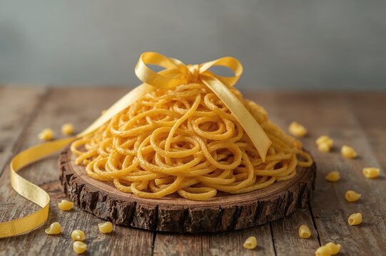 Pile of mafaldi pasta resting on a wooden table