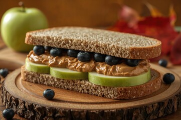 Nutritious sandwich featuring peanut butter, green apple slices, and blueberries arranged on a wooden surface, landscape orientation