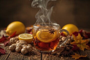 Warm drink with lemon, ginger, and spices to boost immunity during cold season. Close-up with selective focus and shallow depth of field.