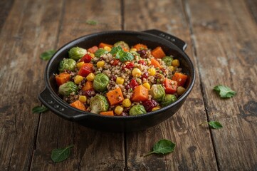 Nutritious quinoa and roasted vegetable salad with corn served in a dark bowl on a wooden surface seen from above