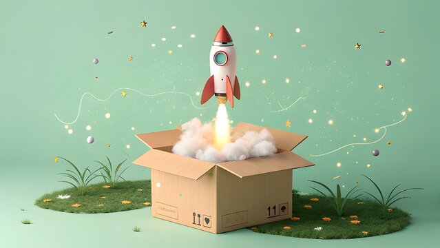 Creative Concept of Rocket Launching from Open Cardboard Box - Powered by Adobe