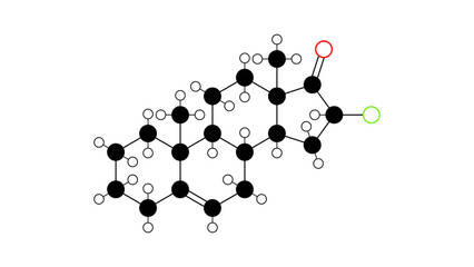 fluasterone molecule, structural chemical formula, ball-and-stick model, isolated image g6pd inhibitor