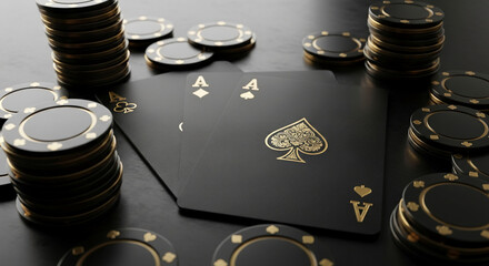 Black poker chips and playing cards, aces, on dark surface.  Image evokes luxury, gambling, and high stakes